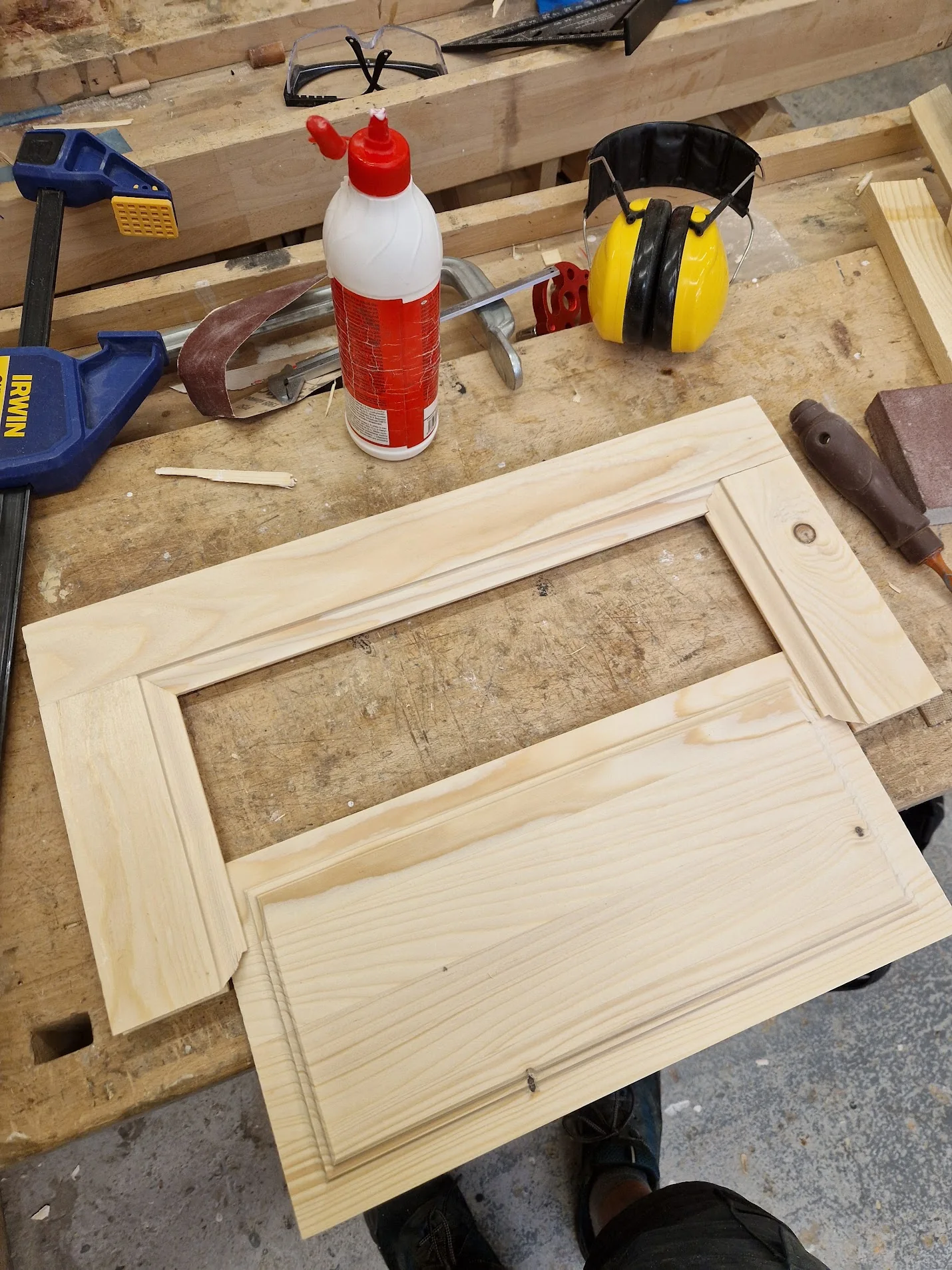 Cabinet door frame being made on the workbench