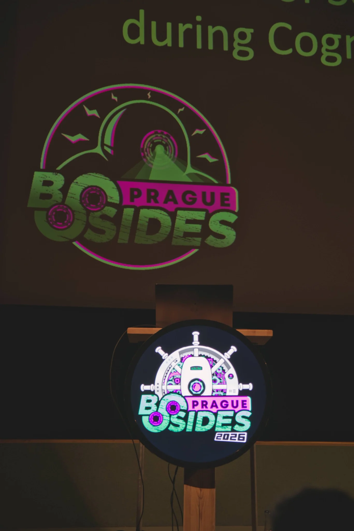 Custom speaker stand at BSides Prague
